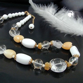 Collier, Glasperlen, weiß-beige-kristal 42cm