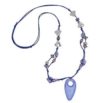 Kette Kunststoffperlen blau transparent silberfarben Faustkeil Kordel blau 90cm