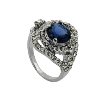 Ring 17mm großer blauer Glasstein mit kleinen weißen Glassteinen rhodiniert Ringgröße 54