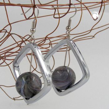Ohrhaken Ohrhänger Ohrringe 58x39mm Viereckrahmen silber-glänzend mit Perle silber-grau Kunststoff