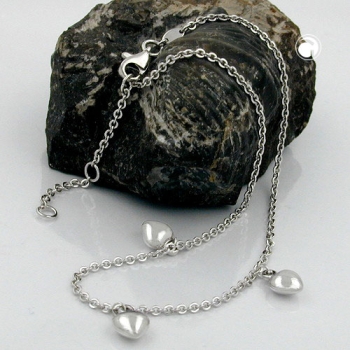 Fußkette 1,7mm Ankerkette längenvariabel mit 3 Herzen rhodiniert Silber 925 27cm