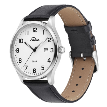 SELVA Herren Quarz Armbanduhr mit Lederband Zifferblatt weiß Ø 39mm