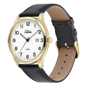 SELVA Herren Quarz Armbanduhr mit Lederband Zifferblatt weiß, Gehäuse vergoldet Ø 39mm