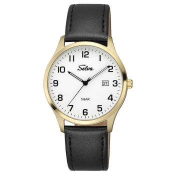SELVA Herren Quarz Armbanduhr mit Lederband Zifferblatt weiß, Gehäuse vergoldet Ø 39mm
