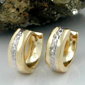 Creole Ohrring 12x5mm Klappscharnier bicolor diamantiert 9Kt GOLD