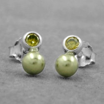 Ohrstecker Ohrring 7x4mm Zirkonia peridotfarbig Imitatperle olivgrün 925