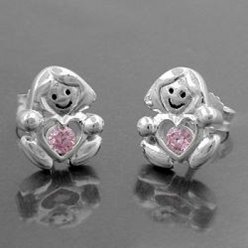 Ohrstecker Ohrring 9,5x8mm Kinderohrring Mädchen mit Herz Zirkonia pink glänzend Silber 925