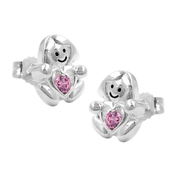 Ohrstecker Ohrring 9,5x8mm Kinderohrring Mädchen mit Herz Zirkonia pink glänzend Silber 925