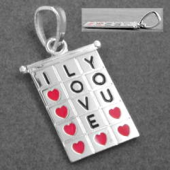 Anhänger 22x13mm Viereck I-LOVE-YOU rot-schwarz lackiert Silber 925