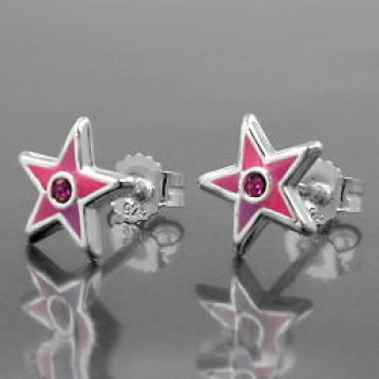 Ohrstecker Ohrring 8x8mm Kinderohrring Stern pink lackiert mit Glasstein pink Silber 925