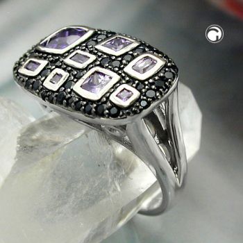 Ring 13x22mm mit Zirkonias lila-schwarz glänzend rhodiniert Silber 925 Ringgröße 56