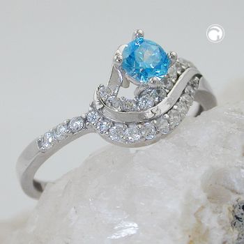 Ring 10mm Zirkonias aqua und weiß glänzend rhodiniert Silber 925 Ringgröße 58