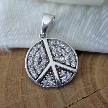 Anhänger 15mm Peace-Zeichen mit Zirkonias rhodiniert Silber 925