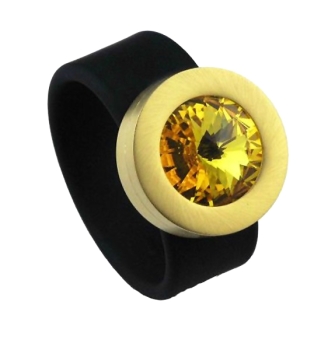 Edelstahl vergoldet PVC Ring schwarz mit Kristall Steine nach Wahl