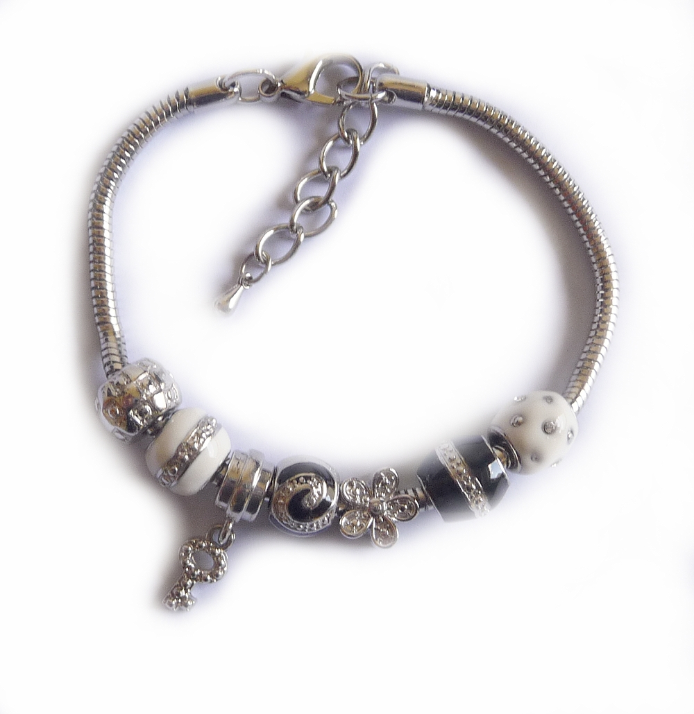 Armband Beads Edelstahl weiss 20cm Zirkonia schwarz