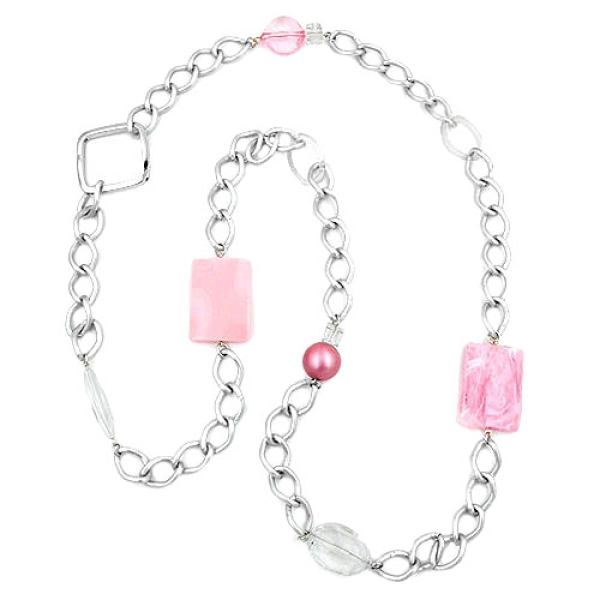 Kette Kunststoffperlen rosa transparent Weitpanzerkette Aluminium hellgrau 95cm