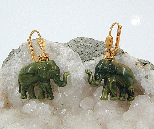 Ohrbrisur Ohrhänger Ohrringe 37x23mm goldfarben Elefant mini oliv-marmoriert Kunststoff