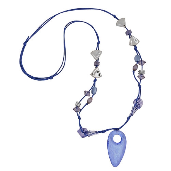 Kette Kunststoffperlen blau transparent silberfarben Faustkeil Kordel blau 90cm