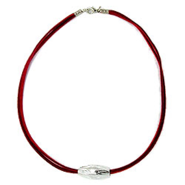 Kette Kunststoffperle Rillenolive chromfarben glänzend Velourband rot 42cm