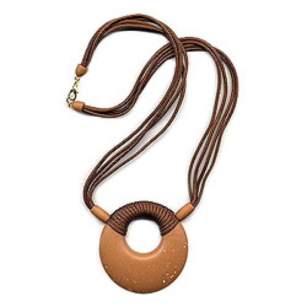 Kette Kunststoff Scheibe Amulett karamel matt 4x Kordel braun 60cm