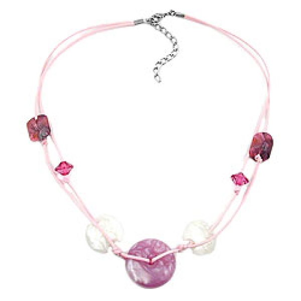 Kette 30x11mm Kunststoffperle Scheibe rosa-seidig weiß Kordel rosa 50cm