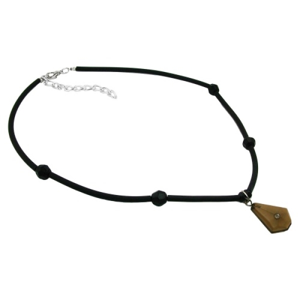 Kette 28x17mm Trapez Kunststoff mit weißem Glas-Stein oliv-braun-khaki Gummi-Schlauch schwarz 45cm