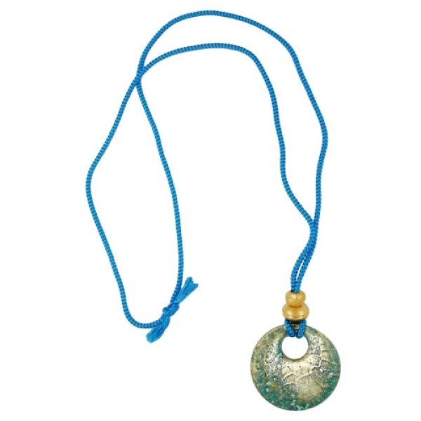 Kette 40mm Krokoplatte blau-türkis-goldschimmer Kunststoff Kordel hellblau 90cm