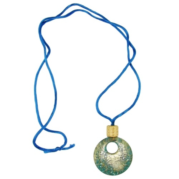 Kette 40mm Krokoplatte blau-türkis-goldschimmer Kunststoff Kordel blau 90cm