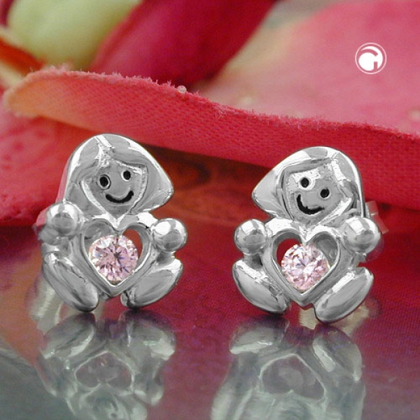 Ohrstecker Ohrring 9,5x8mm Kinderohrring Mädchen mit Herz Zirkonia pink glänzend Silber 925