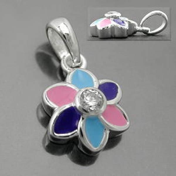 Anhänger 9mm Blume lila pink blau farbig lackiert Zirkonia weiß Silber 925