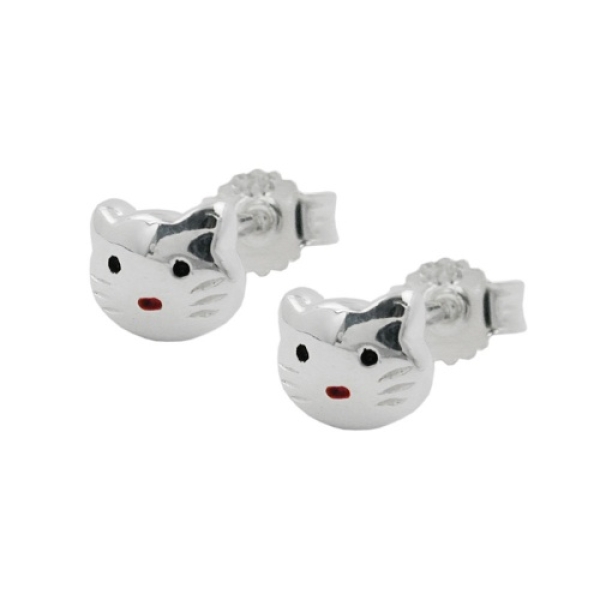 Ohrstecker Ohrring 5x6mm Kinderohrring Katzenkopf rot-schwarz lackiert glänzend Silber 925