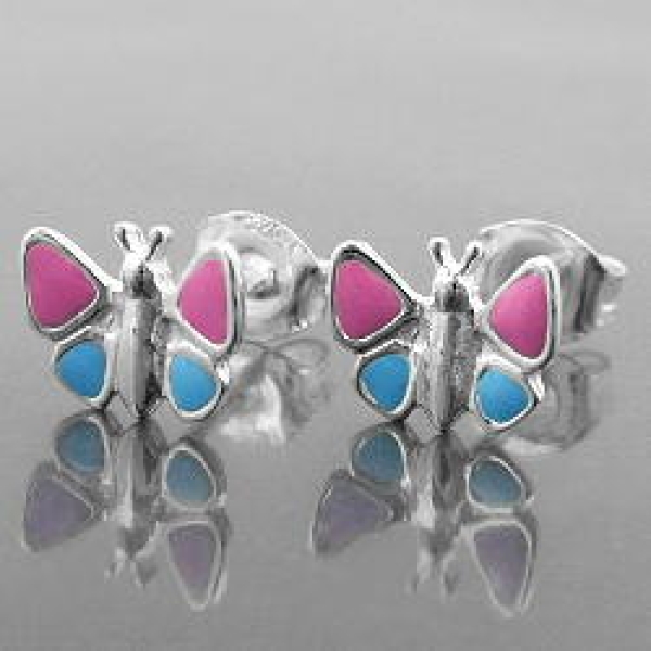 Ohrstecker Ohrring 7x8mm Kinderohrring Schmetterling hellblau-pink Silber 925