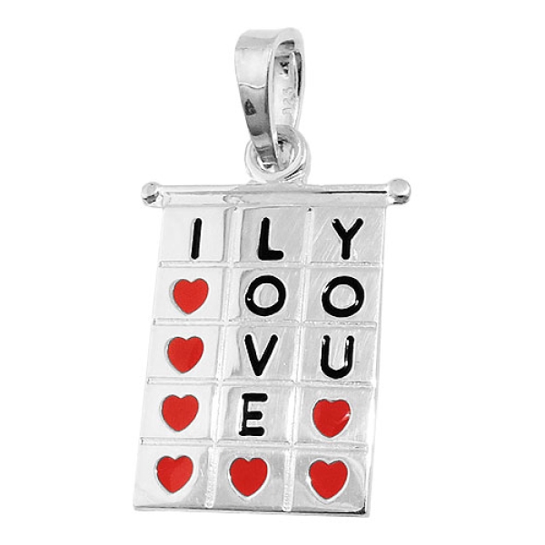 Anhänger 22x13mm Viereck I-LOVE-YOU rot-schwarz lackiert Silber 925