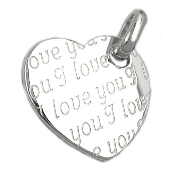 Anhänger 20x22mm Herz mit all-over-Prägung - I love you - glänzend Silber 925