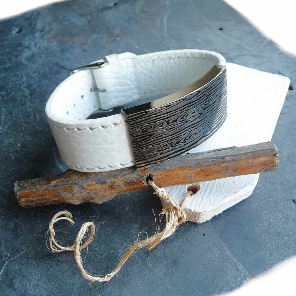 Armband Echtleder weiss mit Platte 20cm Edelstahl