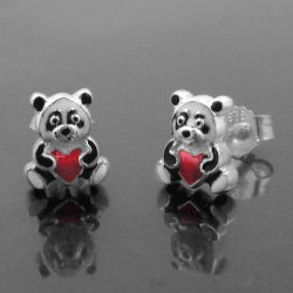 Ohrstecker Ohrring 7x6mm Kinderohrring Panda Bär farbig lackiert Silber 925