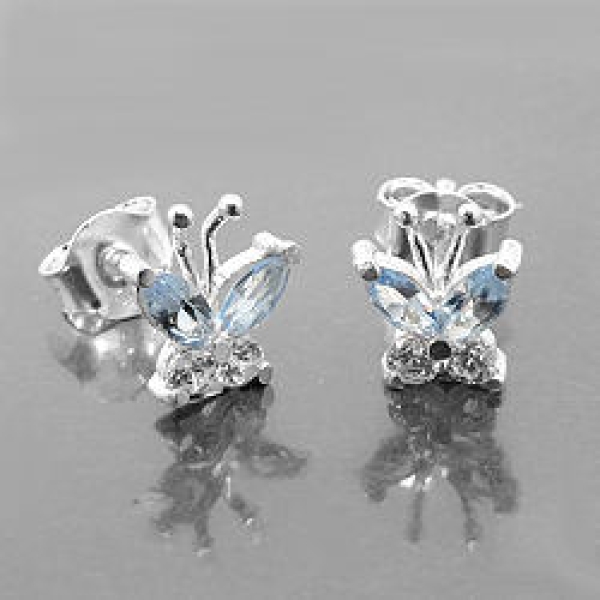 Ohrstecker Ohrring 7x6mm Schmetterling Zirkonia weiß und synthetischer Aquamarin Silber 925