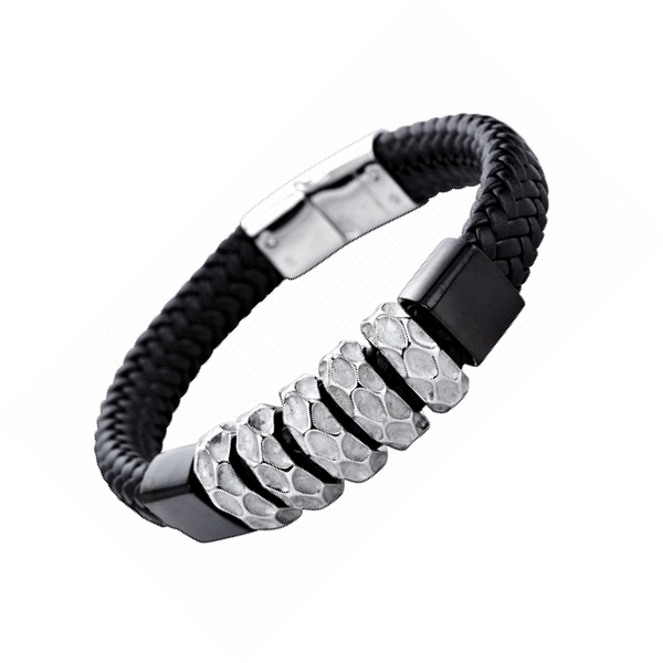 Armband Leder geflochten black-grey Edelstahl Elemente 22cm