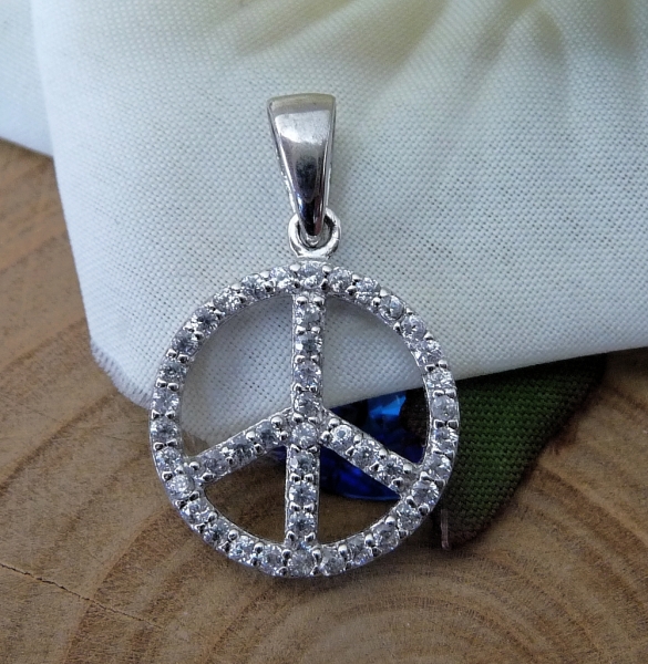 Anhänger 15mm Peace-Zeichen mit Zirkonias rhodiniert Silber 925