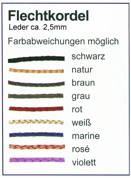 Lederband 2,5mm geflochten 9 Farben mit 925 Silber Karabiner