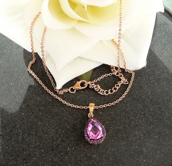 Collier Kette mit Zirkonia Anhänger pink Silber rosé 925 42cm